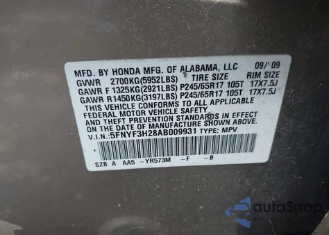 2010 Honda Pilot Lx from USA, damaged, VIN 5FNYF3H28AB009931